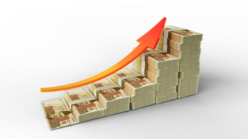 Financial growth sign made of stacks of Pakistani Rupee notes. 3D Rendering of Rupee money arranged in the form of a bar graph isolated on transparent background png