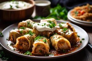 sarma con repollo rollos y carne de res, balcánico estilo, generativo ai foto