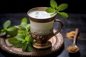 flavorful laban ayran drink with a sprig of fresh mint, photo