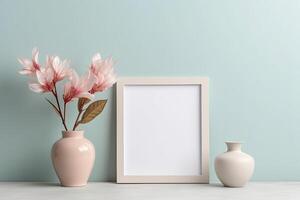 0467. Photo frame in front of light pastel wall.