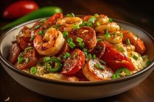 delectable shrimp and grits with andouille sausage, bell peppers, scallions, Southern style, photo