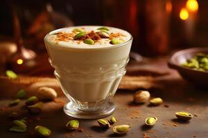 creamy sahlab drink with pistachios and cinnamon, photo