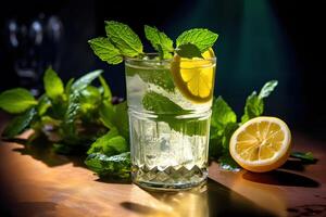 tangy and refreshing Greek lemonade with mint leaves, photo