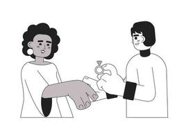 Engagement proposal monochrome concept vector spot illustration. Asian man proposing to black woman 2D flat bw cartoon characters for web UI design. Marry me isolated editable hand drawn hero image