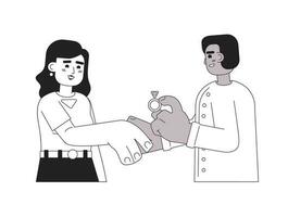 Surprise marriage proposal monochrome concept vector spot illustration. Interracial couple holds hands 2D flat bw cartoon characters for web UI design. Wedding isolated editable hand drawn hero image