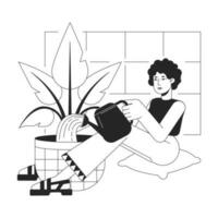 Watering plant bw vector spot illustration. Curly hair woman sitting with pot 2D cartoon flat line monochromatic character for web UI design. Gardening houseplant editable isolated outline hero image