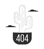 Cactus in clouds black white error 404 flash message. Potted desert flower. Cacti plant. Monochrome empty state ui design. Page not found popup cartoon image. Vector flat outline illustration concept