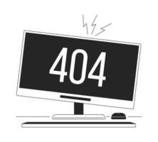 Broken monitor black white error 404 flash message. Damaged computer. Technology problem. Monochrome empty state ui design. Page not found popup cartoon image. Vector flat outline illustration concept