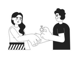 Romantic marriage proposal monochrome concept vector spot illustration. Arab man asks to marry indian woman 2D flat bw cartoon characters for web UI design. Isolated editable hand drawn hero image