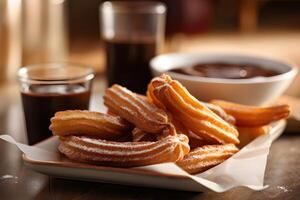 churros con chocolate salsa, blanco plato y taza fondo, Español estilo, generativo ai foto