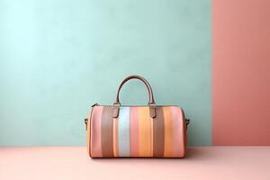 0351. Duffel bag in front of light pastel wall. photo