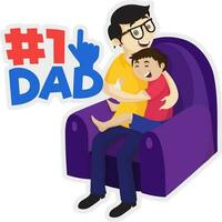 Banner or Template design. paper art text  Dad and happy father sitting on purple armchir, lifted his son. vector