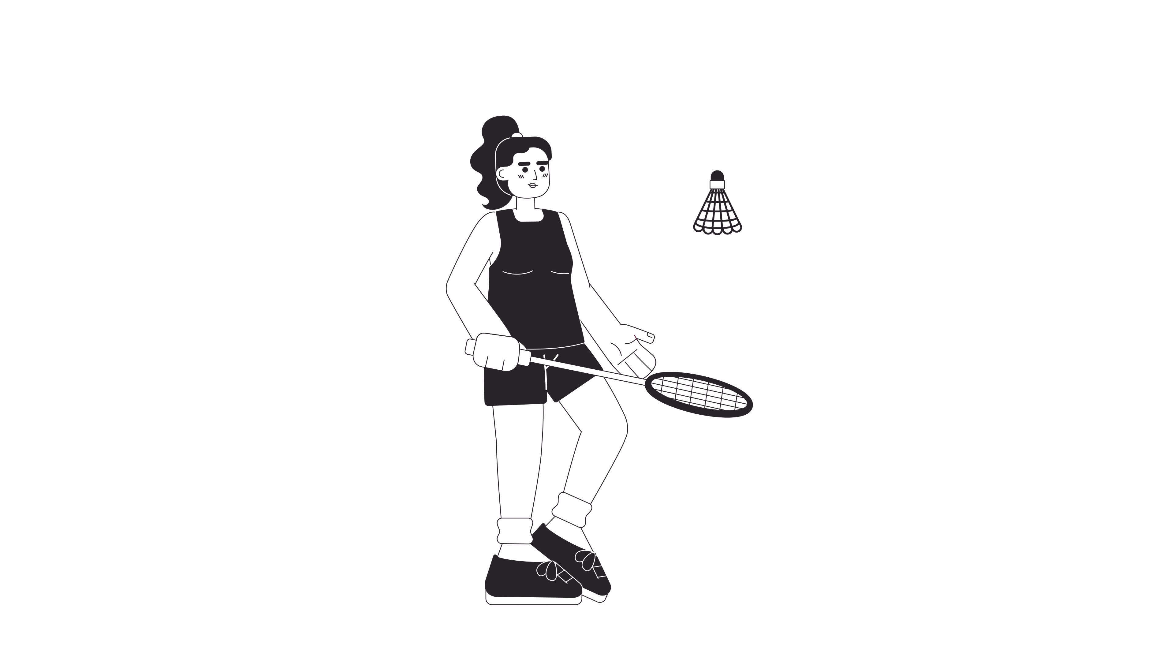 Animated bw badminton player. Female athlete hitting shuttlecock isolated 2D animation