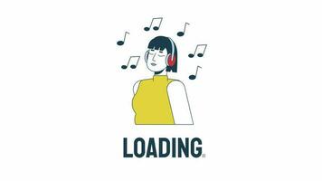 Music lover loader animation. Asian girl in headphones relaxing. Flash message 4K video footage. Isolated outline colour loading animation with alpha channel transparency for UI, UX web design