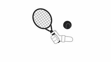 geanimeerd bw tennis racket bal. hand- Holding racket. tennis bal beweging geïsoleerd 2d animatie. tekenfilm monochroom dun lijn hand- 4k video filmmateriaal, alpha kanaal transparantie voor web ontwerp