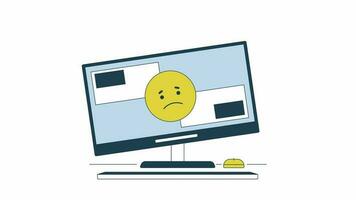 Computer problem animation. Animated sad emoticon on cracked display 2D cartoon flat colour line object. Equipment 4K video concept footage on white with alpha channel transparency for web design