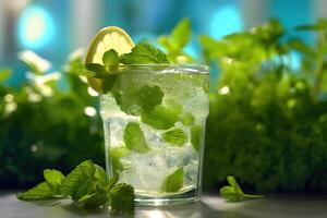 refreshing mint lemonade with crushed ice and a sprig of mint, photo