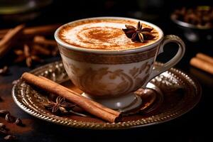 sweet Turkish salep drink with cinnamon and grated coconut, photo