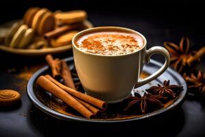 sweet chai tea with cinnamon sticks, photo