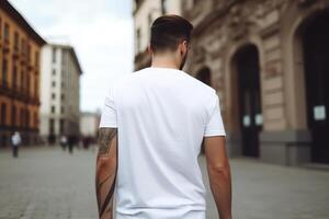 joven hombre con blanco blanco camiseta. camisa Bosquejo, plantilla, espalda vista. Copiar espacio para texto, logo, gráfico, impresión. camiseta burlarse de arriba. cerca arriba. generativo ai. foto