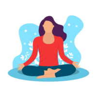 Woman doing yoga flat illustration PNG. Woman with purple hair, wearing red T-shirt and blue yoga pant, doing yoga. Flat illustration of a woman in a yoga position. White flower transparent background png