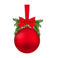 Christmas ball with red ribbon and green leaves PNG. Xmas red decoration ball with red ribbon and bow. Merry Christmas element, Xmas ball, pine leaves, Xmas Ribbon, Christmas leaf PNG. png