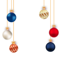 Christmas transparent background with luxurious red, blue, white, and golden decoration balls. 3D ball PNG with multiple colors on a transparent background. 3D realistic balls with calligraphy.