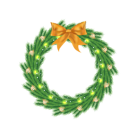 Christmas wreath with green leaves and decoration balls. Xmas green wreath on a transparent background. Christmas wreath with golden decoration balls and glowing snowflakes. Christmas elements PNG. png