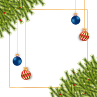 Navidad transparente antecedentes diseño con lujoso rojo, azul, y dorado decoración pelotas y pino árbol hojas. realista antecedentes png con pino hojas. Navidad guirnalda diseño con caligrafía.