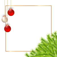 Christmas photo frame on a transparent background. Photo frame PNG with green leaf and decoration balls. Holiday photo frame design with snowflakes, blue balls, and pine leaves.
