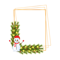 Christmas frame with green leaves on a white background. Xmas frame with a snowman wearing a red hat. Christmas lights, Xmas frame, green leaves, snowflakes, red berries, snowman, star lights. png