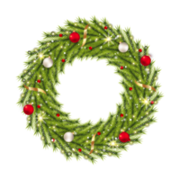 Weihnachten realistisch Tür Kranz png mit luxuriös rot und Weiß Dekoration Bälle. realistisch Kiefer Kranz png mit 3d Bälle, Bänder, und Schneeflocken. Weihnachten Kranz Design mit Kalligraphie Design.