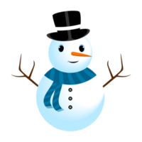 Christmas snowman PNG with cute eyes and a magician hat. A cute snowman on a transparent background. Christmas snowman design with tree branches, buttons, a carrot nose, neck scarf, and smiling face.