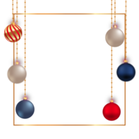 Christmas photo frame PNG with luxurious red, blue, and white decorative balls. Realistic social media photo frame design with 3D balls. Christmas photo frame PNG with decoration balls.