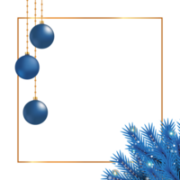 Christmas photo frame PNG with blue decoration ball and blue leaves. Xmas photo frame on transparent background. Merry Christmas photo frame element PNG with glowing snowflakes and a golden frame.