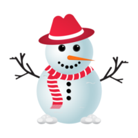 Christmas Snowman PNG with a red hat. Transparent background with a snowman. A Snowman with a red scarf. Christmas element design with tree branches, a red hat, carrot nose, snowballs, and snowflakes.