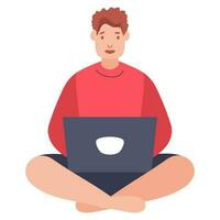 Illustration of Man Sitting Cross Legged While Using Laptop Icon. vector