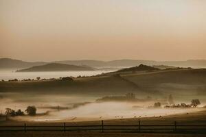 Misty autumn landscape with the herd of cows grazing on the pasture in the valley with the fence in foreground and with hills and the clear sky in the background photo