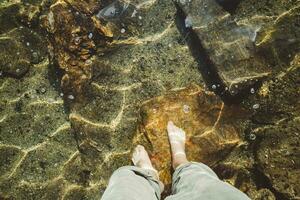 Refreshing foot bath after a challenging mountain hike in fresh mountain stream during the sunny day photo