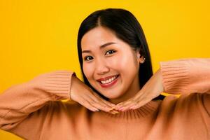 Asian woman is cute and happy with herself. Relaxed, good vibes, cute, light, carefree, hopeful, beautiful. photo