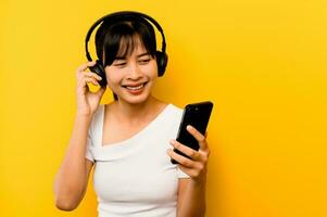 Listen to relaxing music, good mood, lighten the brain, listen to music from monitor headphones. Enjoy listening to music and dancing, music therapy. photo