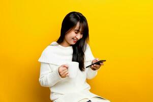 Communicate online with close friends. show a shocked expression Happy chatting online photo
