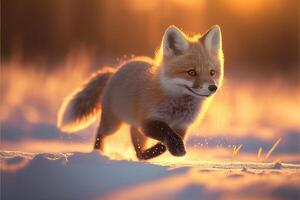 Little fox running in the snow. photo