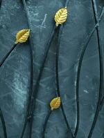 Abstract metal background with yellow leaves on a black background. Abstract background with leaves on the iron fence. Detail of a forged metal fence with yellow leaves on it. photo