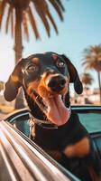 portrait of a dachshund dog in the summer in a car on vacation. photo