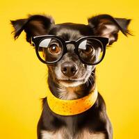 portrait of a dog with glasses on a yellow background in the studio, yellow background, space for text. The image is generated with AI photo