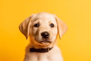 retrato de un perro en un amarillo antecedentes en el estudio, amarillo fondo, espacio para texto. el imagen es generado con ai.ai generado foto