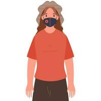 Character of Fashionable Young Girl Wearing Mask to Protect from Diseases, Flu, Air Pollution. vector