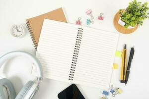 white office desk table Top view with copy space. Flat lay. photo
