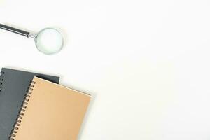 white office desk table Top view with copy space. Flat lay. photo